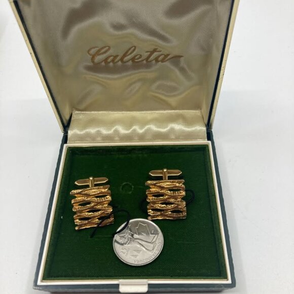 Vtg 1970 new with original case gold modernist minimalist cufflinks - Picture 2 of 2